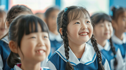 A group of primary school students wearing blue and white uniforms