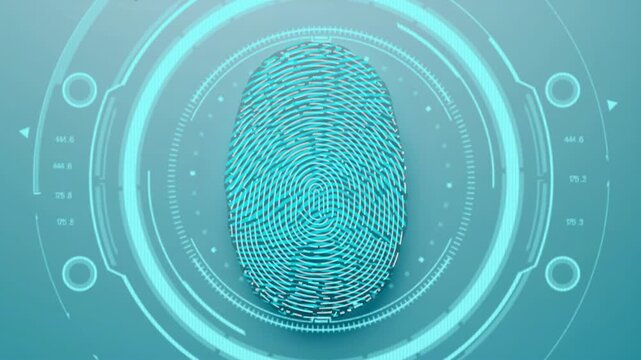 Fingerprint with futuristic holographic interface on blue background displaying advanced technology. Technology concept