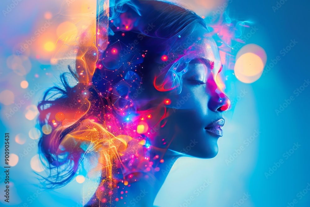 Aufkleber digital portrait of a woman with glowing neural connections symbolizing cognitive processes and crea