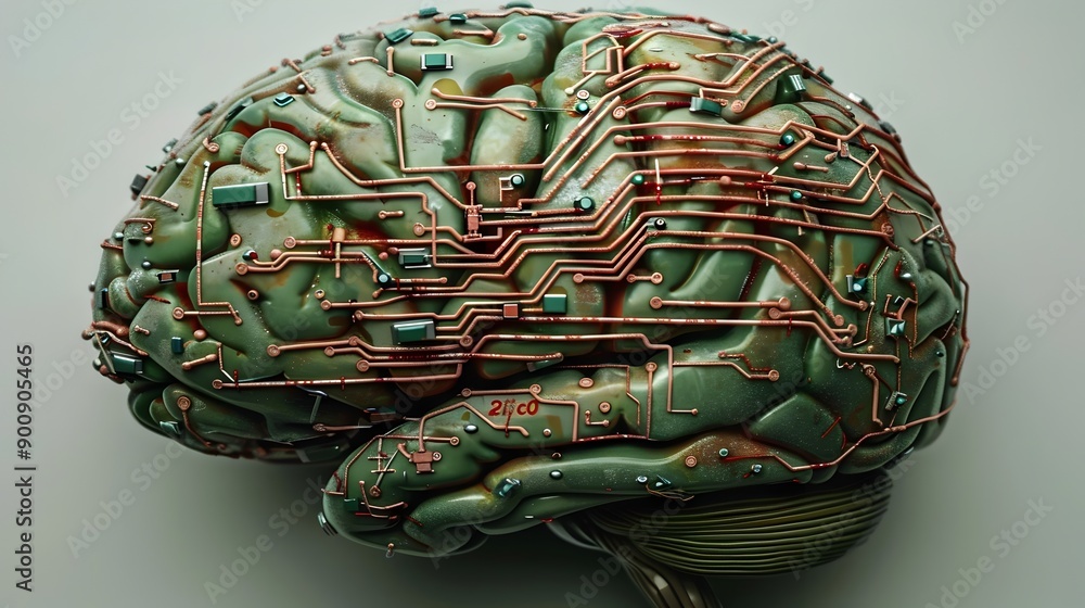 Poster brain merged with electronic circuits symbolizing intelligence and brain computer interfaces