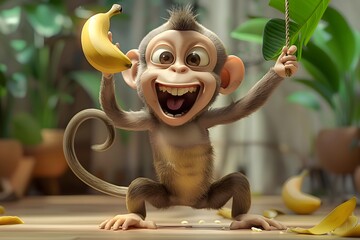  lively 3D cartoon monkey with a long tail, swinging from a vine with one hand and holding a banana in the other