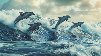 Fototapeta premium Four Dolphins Leaping Through Waves at Sunset