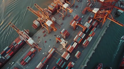 Bustling Port Aerial View with Ships Containers and Cranes in