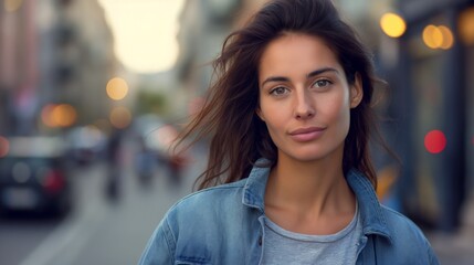 Obraz premium A dark brown-haired woman wearing a denim jacket in a city. Beautiful woman in a city looking at the camera.