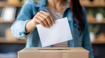 Close-up of a woman placing a ballot into a voting box, symbolizing democracy, election, and civic responsibility.