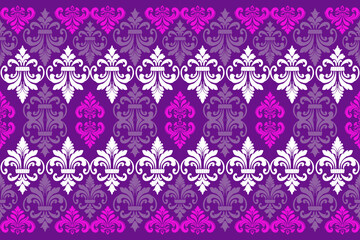 damask pattern, seamless, traditional ethnic, purple,white, fabric pattern for textiles, rugs, wallpaper, clothing, sarong, batik, wrapping, embroidery, print, background, cover, illustration, vector.