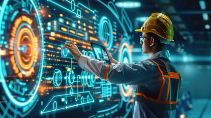 Engineer in hard hat interacts with high-tech digital interface, integrating technology and industry for modern solutions.