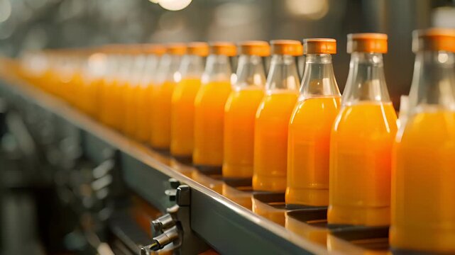 bottles fruit juice on the conveyor belt in the beverage factory, industrial, manufacture, production, line, plant, technology, juice, machine, machinery, equipment, automated