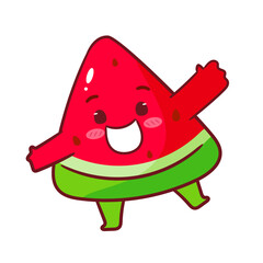 Cute Happy Watermelon Cartoon Vector. Fruit Summer Concept Design Illustration. Hand Drawn Style. Isolated White background.