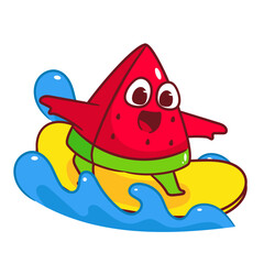 Cute Watermelon Surfing Cartoon Vector. Fruit Summer Concept Design Illustration. Hand Drawn Style. Isolated White background.