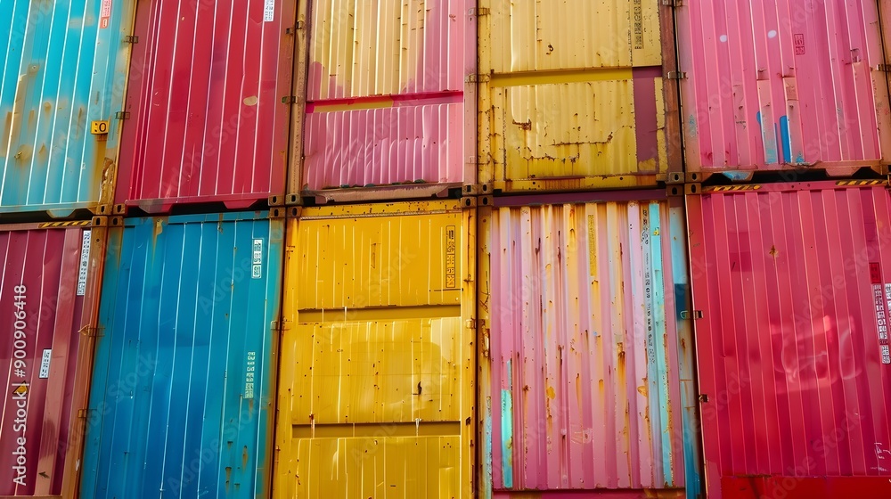 Aufkleber close up view of vibrant cargo ship with stacked containers at dockside