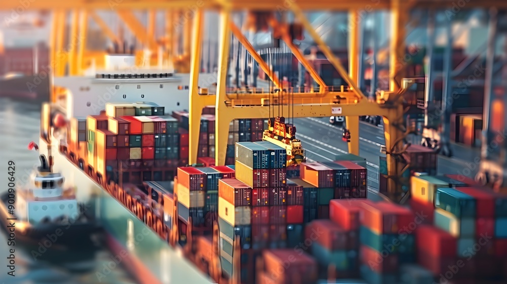 Fototapete close up view of bustling loading dock with cargo containers and cranes at harbor terminal