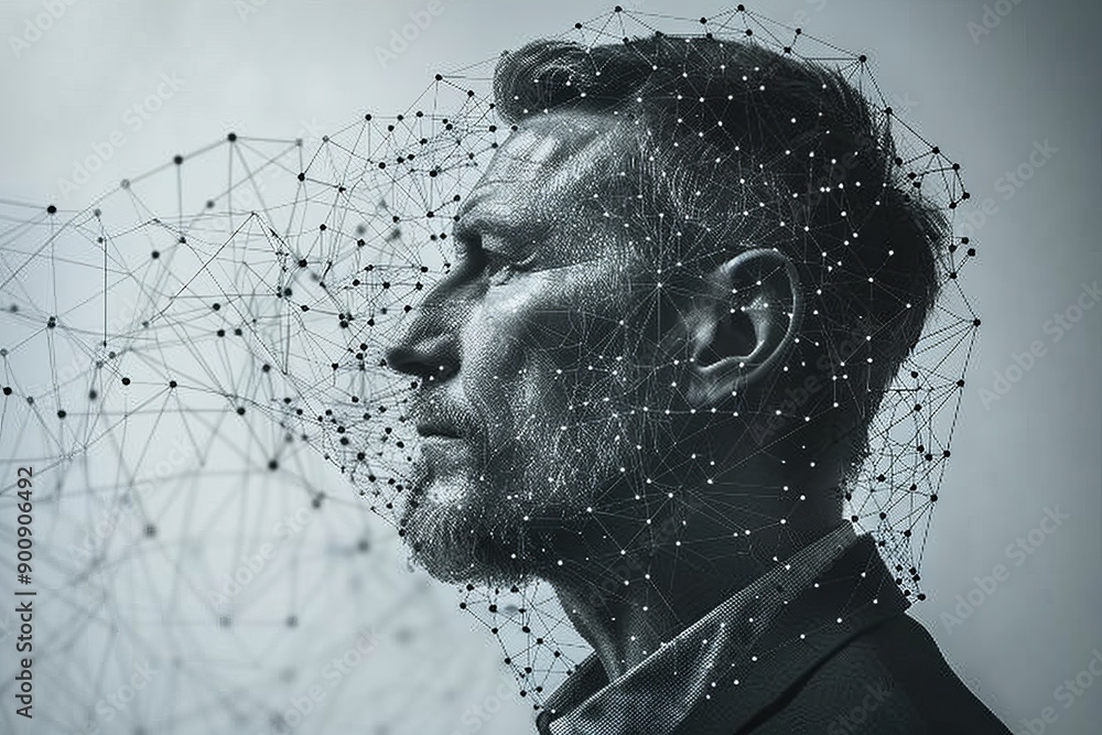 Poster monochrome profile of a man with connected nodes symbolizing neural networks and technology in a min