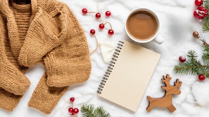 Fototapeta premium Cozy Winter Scene with Sweater, Hot Drink, Notebook, and Christmas Decorations on Snow