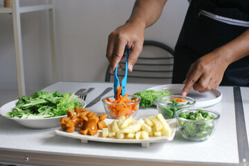 Hands Putting Salad For Plating. Preparing Making Steak With Salad Homemade
