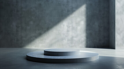 Sophisticated Minimalist Interior Featuring a Round Pedestal and Empty Platform, Ideal for Displaying High-End Products with a Blank, Abstract Background and Studio Lights