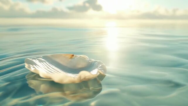 A sunlit open seashell floats on calm ocean water during golden dusk, the serene scene reflecting soft sunlight. The tranquil, picturesque moment captures nature's beauty at sunset.