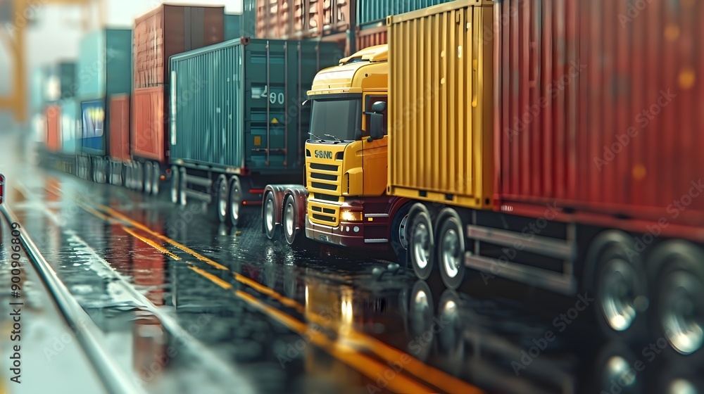 Aufkleber containers transported by trucks from port to warehouse for efficient logistics