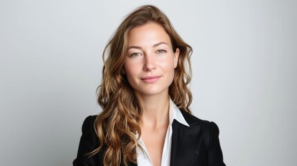 Confident businesswoman with hands on hips and smile, professional woman in business suit showing authority and confidence