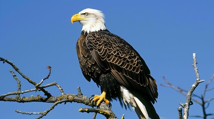 Bald Eagle Perched on a Branch Against a Blue Sky