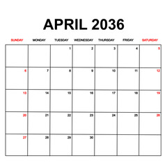 april 2036. Calendar with holydays or red dates. monthly calendar design with week starts on sunday. printable, simple, and clean vector design isolated on white background.