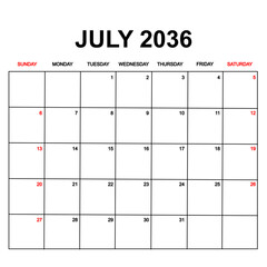 july 2036. Calendar with holydays or red dates. monthly calendar design with week starts on sunday. printable, simple, and clean vector design isolated on white background.