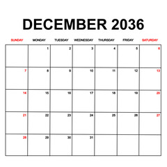 december 2036. Calendar with holydays or red dates. monthly calendar design with week starts on sunday. printable, simple, and clean vector design isolated on white background.