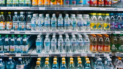 Diverse Bottled Water Brands Displayed on Store Shelf for Retail Sale