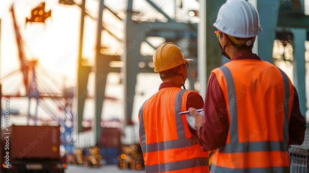 Poster dock workers coordinating efficient container movements at busy port terminal
