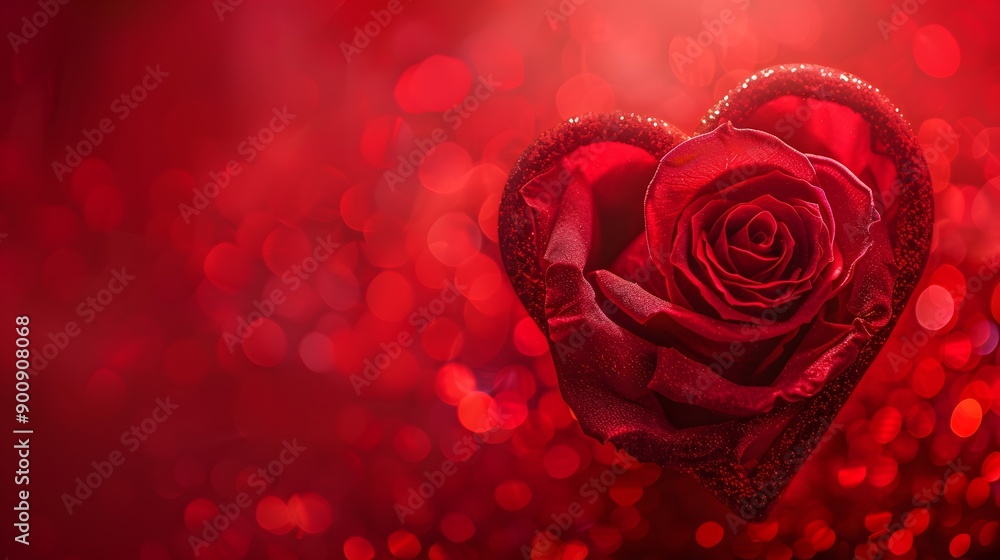 Wall mural red rose in the shape of a heart on panoramic red background, valentines day web banner.