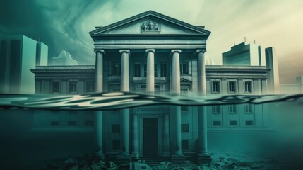 Fototapeta premium Banking Default and Bank Crisis or as Banks drowning in debt with financial instability or insolvency concept and global market problem as a 3D illustration