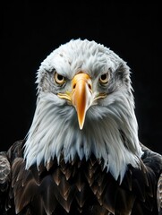 Obraz premium Close-up shot of a bald eagle perched on a black surface, great for wildlife and nature-themed designs