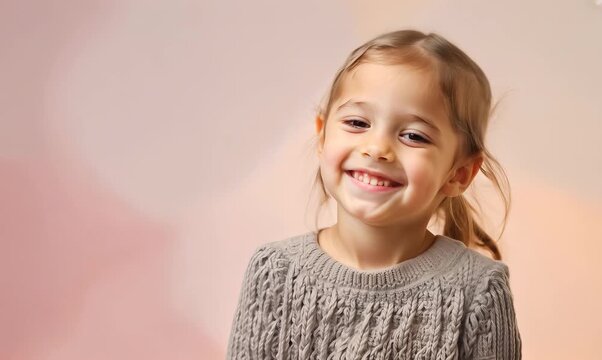 Medium shot portrait video of a grinning child female that is wearing a chic cardigan against a pastel or soft colors background