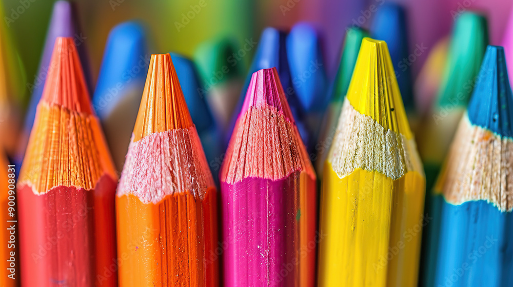 Wall mural colorful pencils in focus on a blurred background in a close-up shot