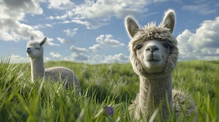 Fototapeta premium Curious Alpaca in a Lush Green Field