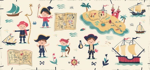 Cartoon illustration of children playing with a pirate theme