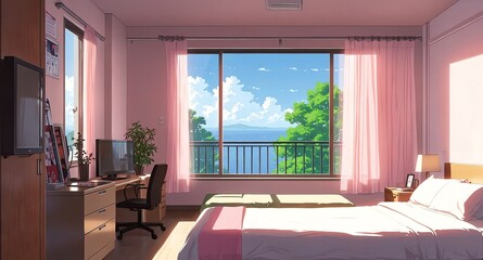 Fototapeta premium pink theme minimalist bedroom interior background anime cartoon illustration design backdrop copy space