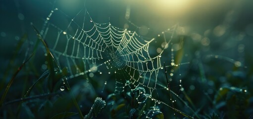Cobwebs dew on the cool morning grass