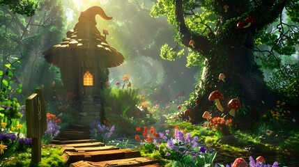 Fototapeta premium Enchanted Fairy Forest with Magical Gnomes and Whimsical Trees
