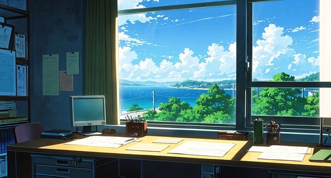 study room with desk background anime cartoon illustration design backdrop copy space