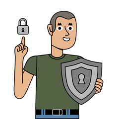 man with security shield, pointing padlock