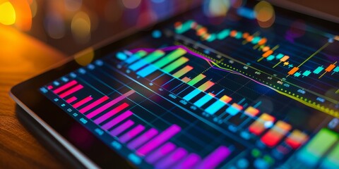 Obraz premium Close-up of a tablet displaying a stock market chart with historical data and market trends, illustrating financial analytics and investment strategies