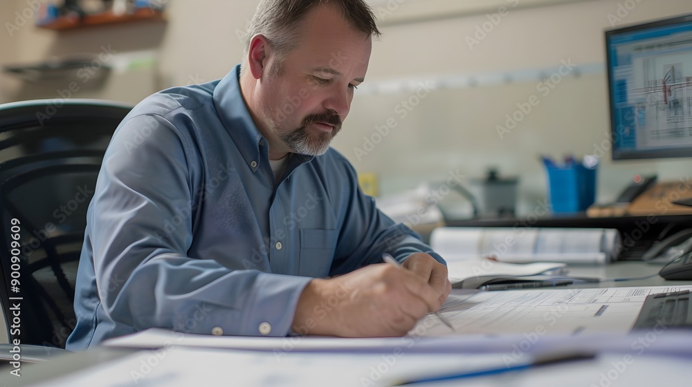 Poster engineer reviewing and marking up architectural blueprints at workdesk