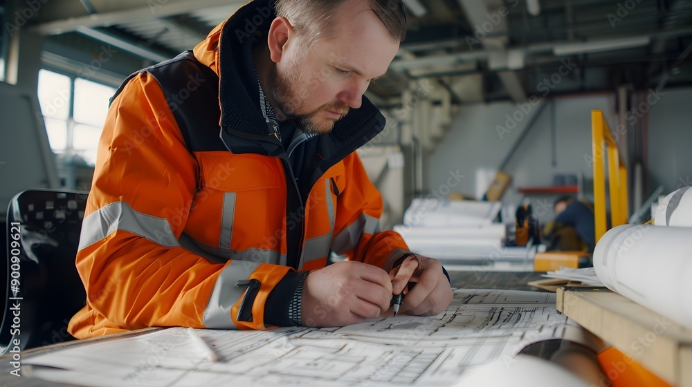 Poster Engineer Reviewing and Marking Up Technical Blueprints at Desk or On Site