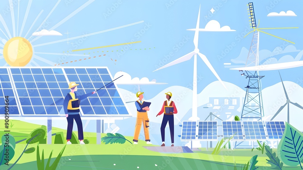 Poster engineers collaborating on renewable energy infrastructure projects