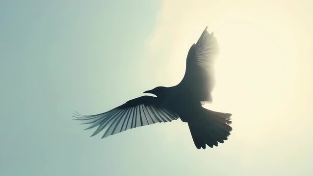 A raven flies gracefully with wings fully spread, captured in the early morning light. The bird is silhouetted against a clear sky, exuding a peaceful and serene mood. The image radiates calmness and
