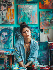 Fototapeta premium A female artist painting in her studio surrounded by colorful canvases