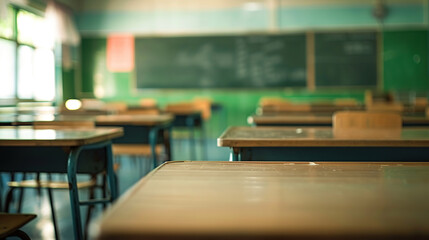 Blurred empty classroom in an elementary school or high school with desks and chairs