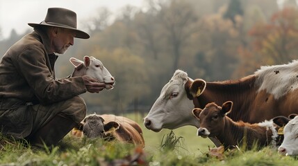 Farmer Interacting with on Pastoral Farm or Ranch