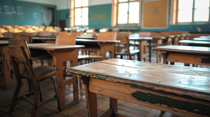 Blurred empty classroom in an elementary school or high school with desks and chairs